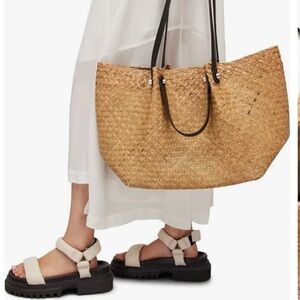 Tan Woven Tote Bag with Basket-Weave Pattern